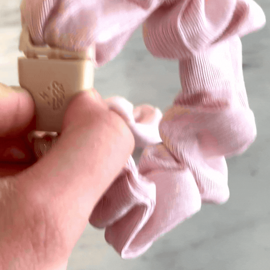 Best hair tie elastics and scrunchie hair accessories for snag-free, pull-free, rip-free, hair. Smooth, effortless hair ties and hair scrunchies for athletes, active moms, fitness, & sports. Candy Floss Pink Buckle Scrunchie - No Snagging, No Tangles